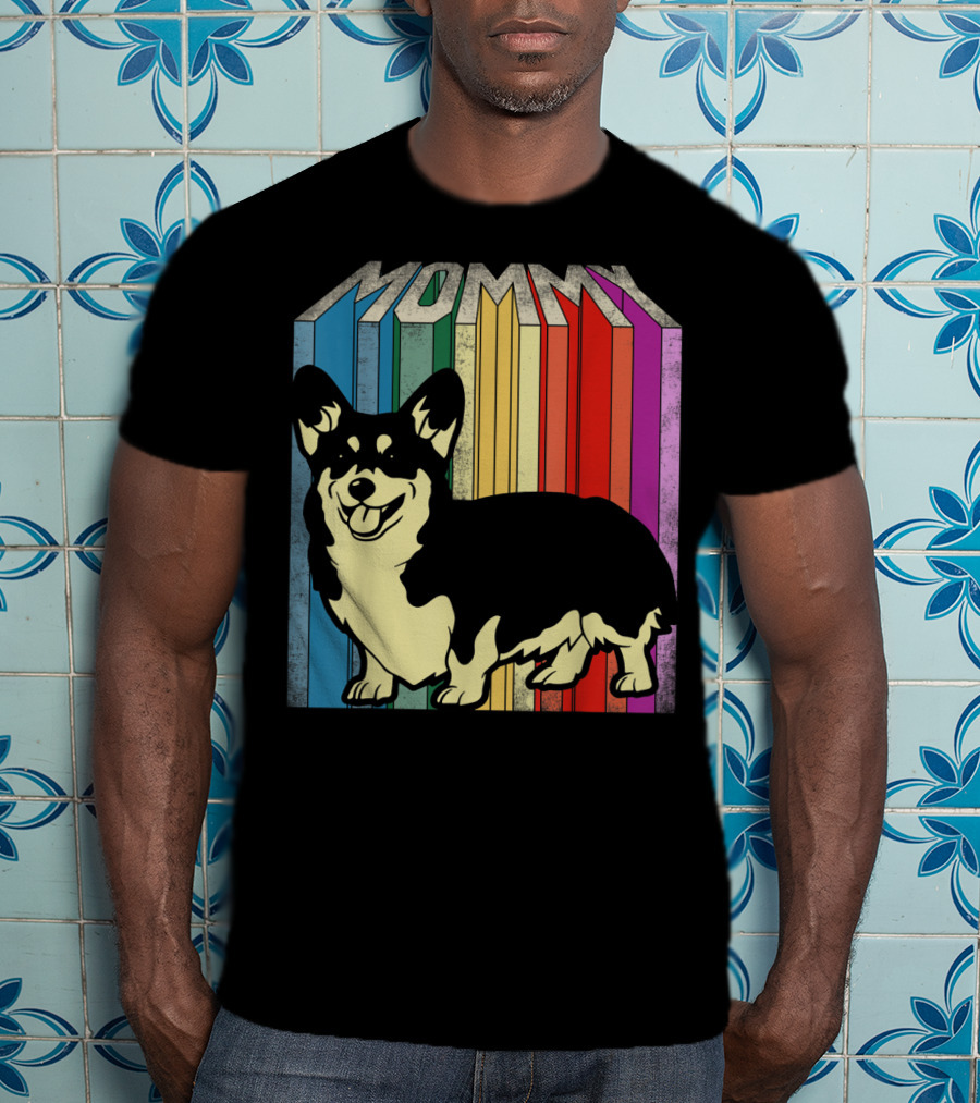 MOMMY Corgi Dog Vintage Rainbow Stripes T-Shirt