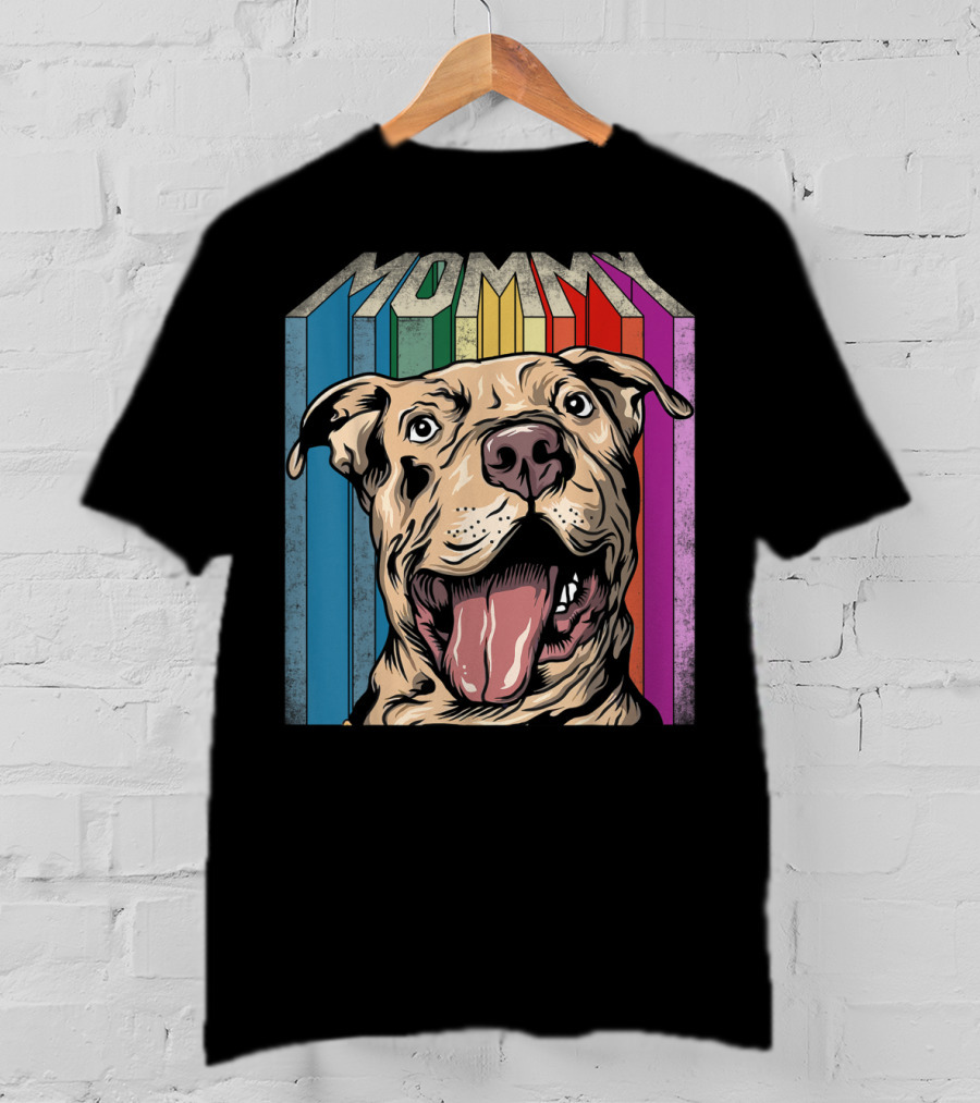 Mommy Pitbull Dog Retro Colorful Stripes T-Shirt