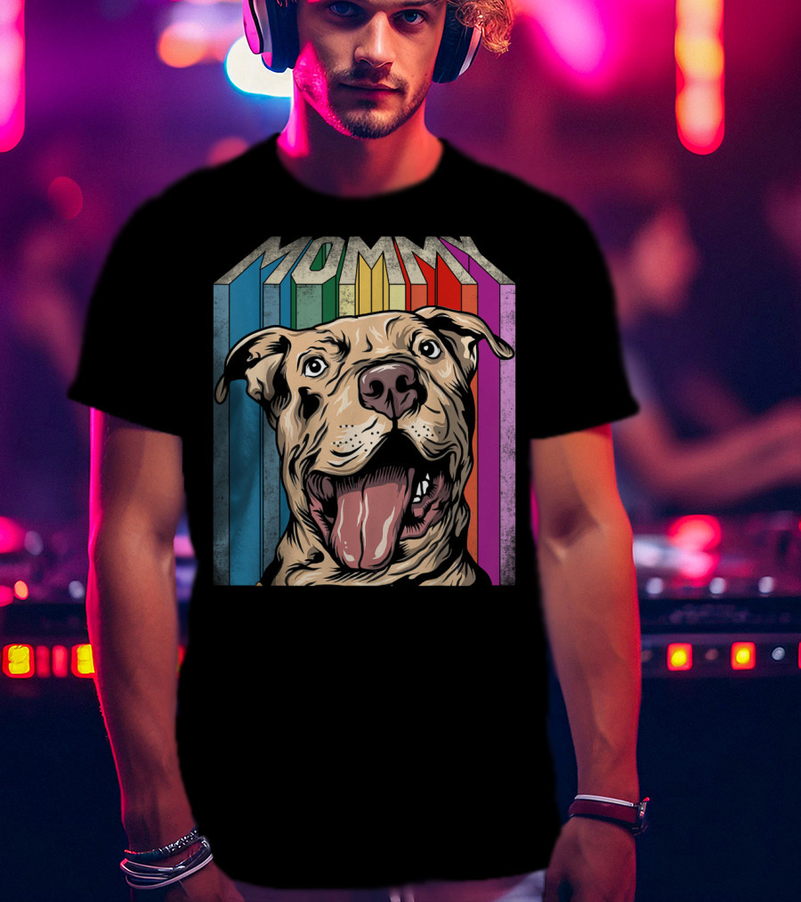 Mommy Pitbull Dog Retro Colorful Stripes T-Shirt