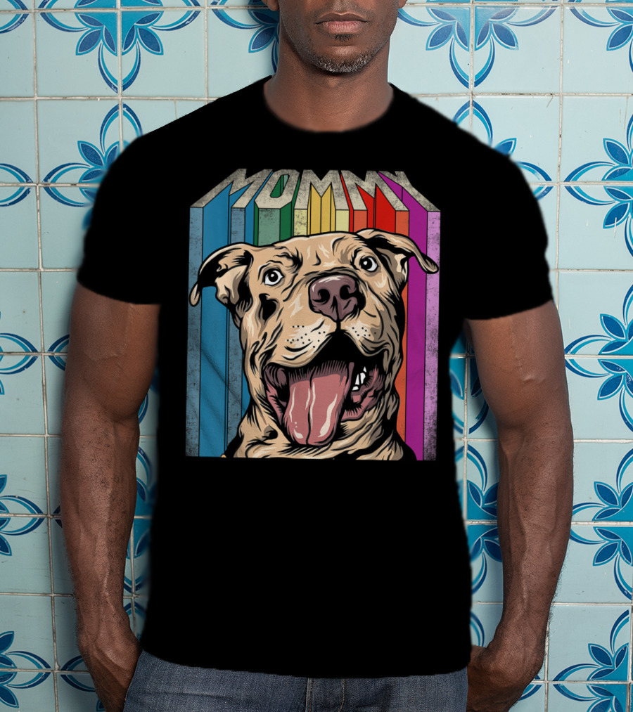 Mommy Pitbull Dog Retro Colorful Stripes T-Shirt