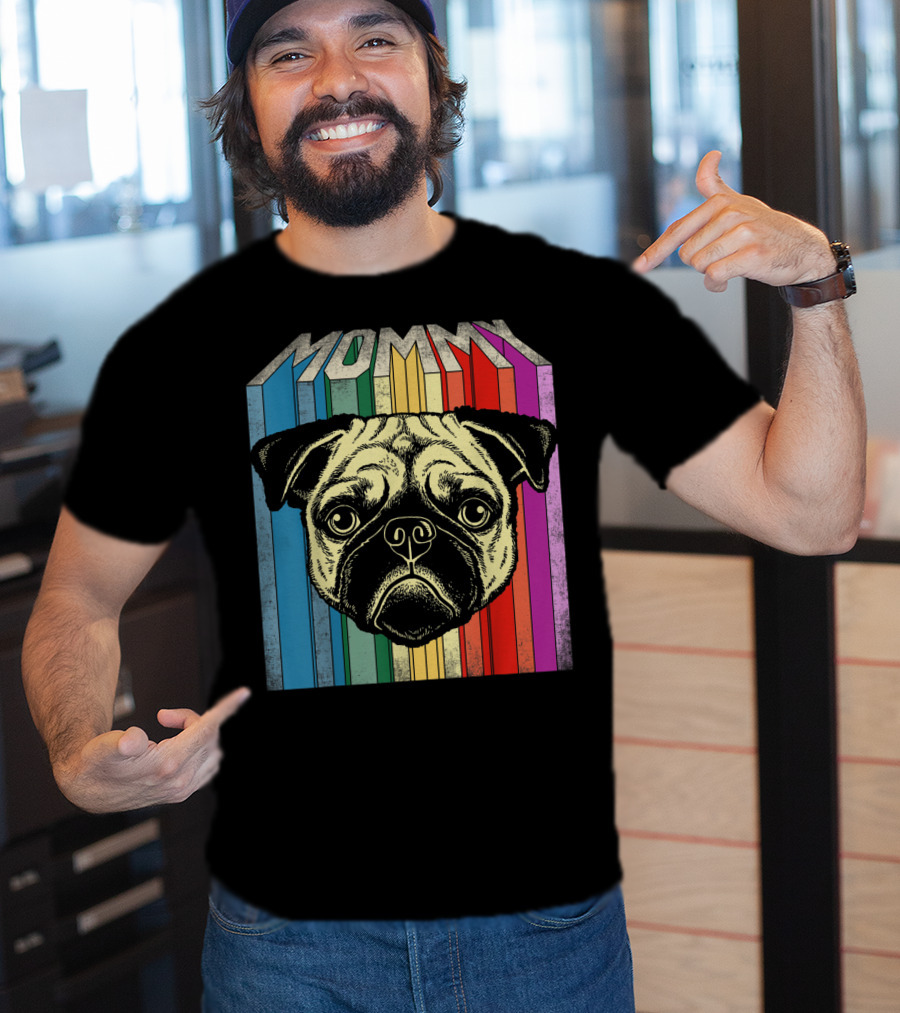 Mommy Pug Dog Retro Rainbow Stripes T-Shirt