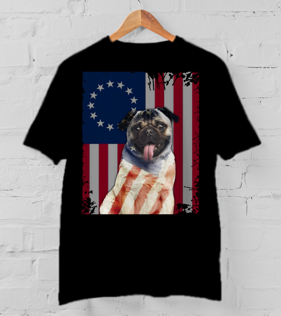 Pug Betsy Ross American Flag Costume Patriotic US Flag T-Shirt