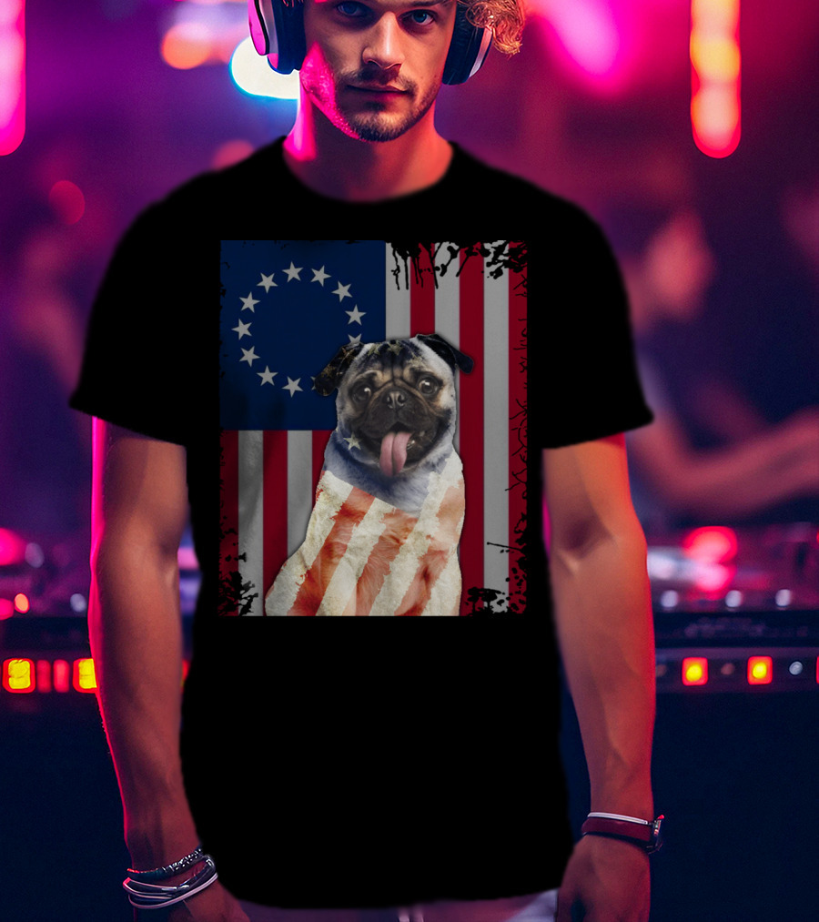 Pug Betsy Ross American Flag Costume Patriotic US Flag T-Shirt