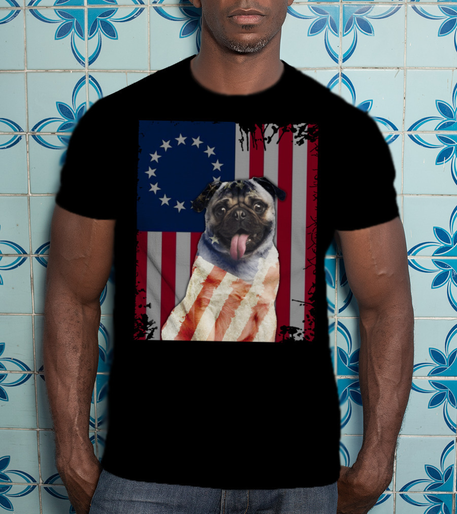 Pug Betsy Ross American Flag Costume Patriotic US Flag T-Shirt