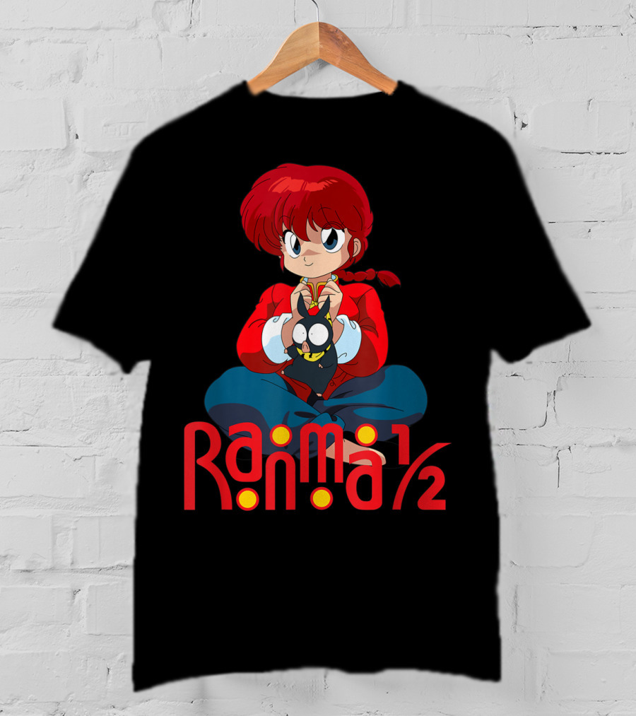 Ranma 1/2 Classic Anime Character Sitting With Black Cat T-Shirt