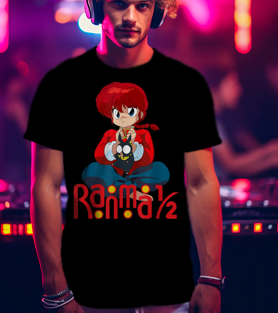 Ranma 1/2 Classic Anime Character Sitting With Black Cat T-Shirt