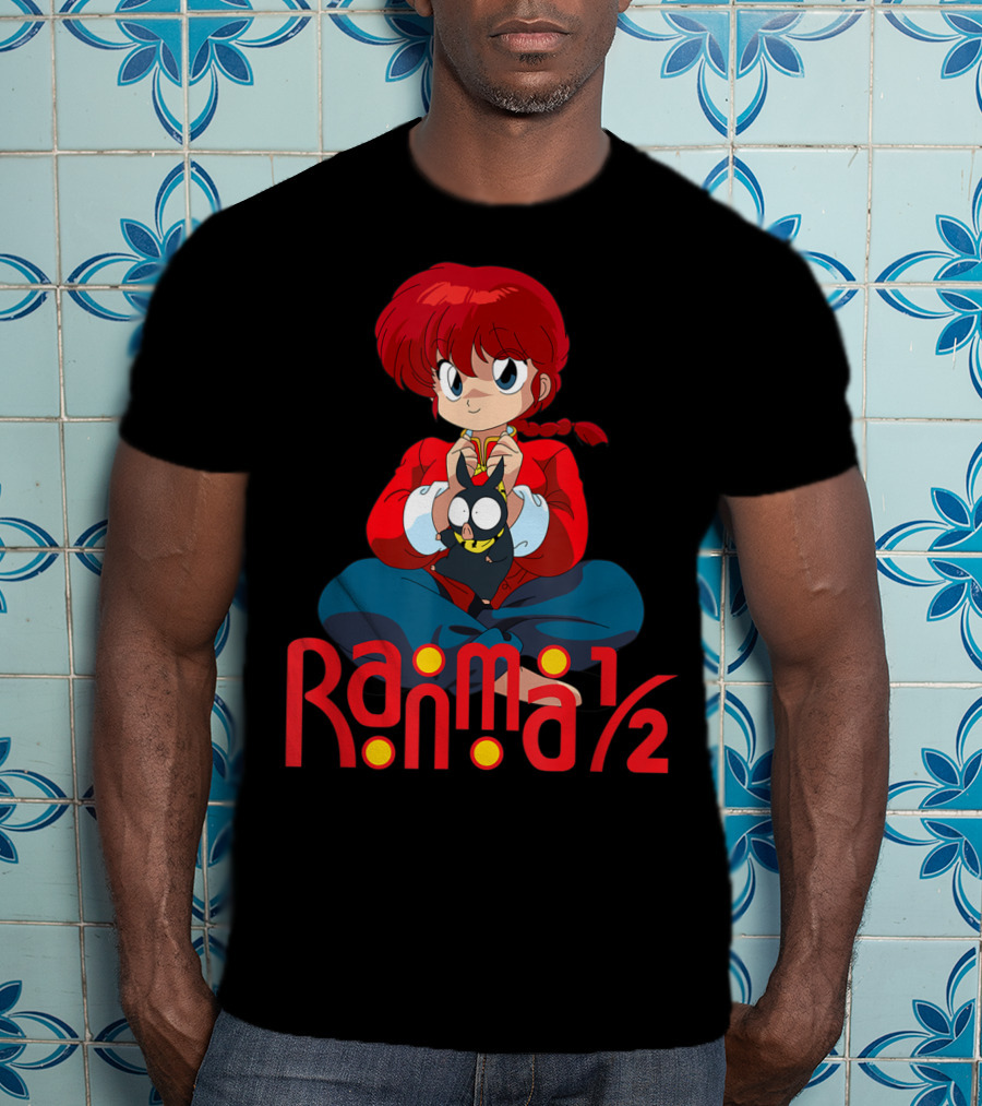 Ranma 1/2 Classic Anime Character Sitting With Black Cat T-Shirt