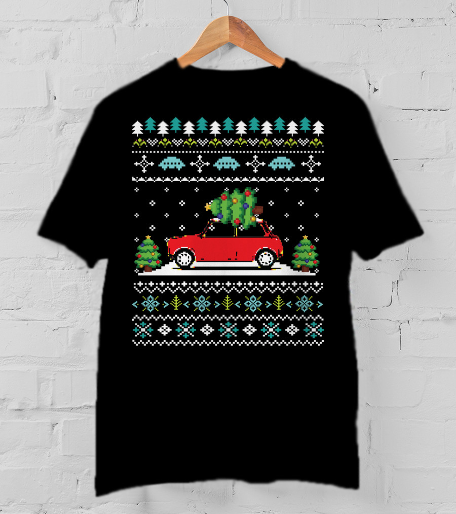 Retro Red Car Christmas Tree Pixel Art Holiday T-Shirt