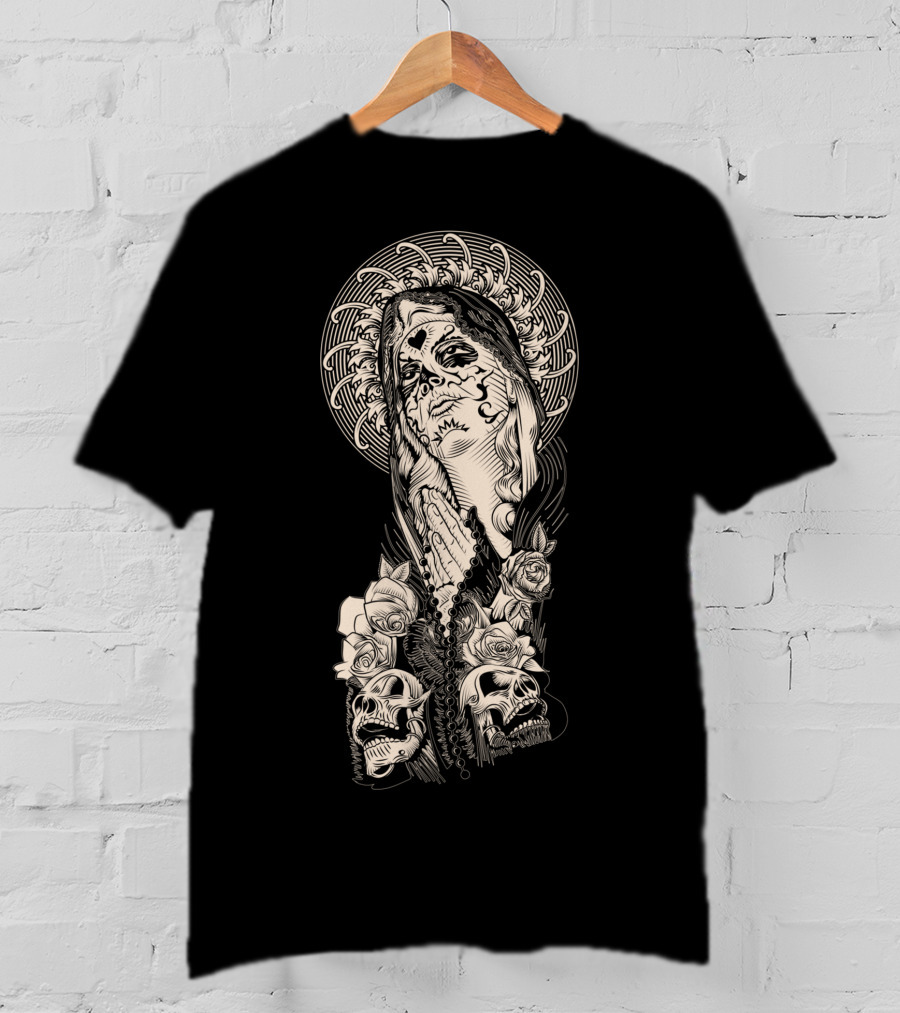 Santa Muerte Praying With Skull And Rose Elements T-Shirt
