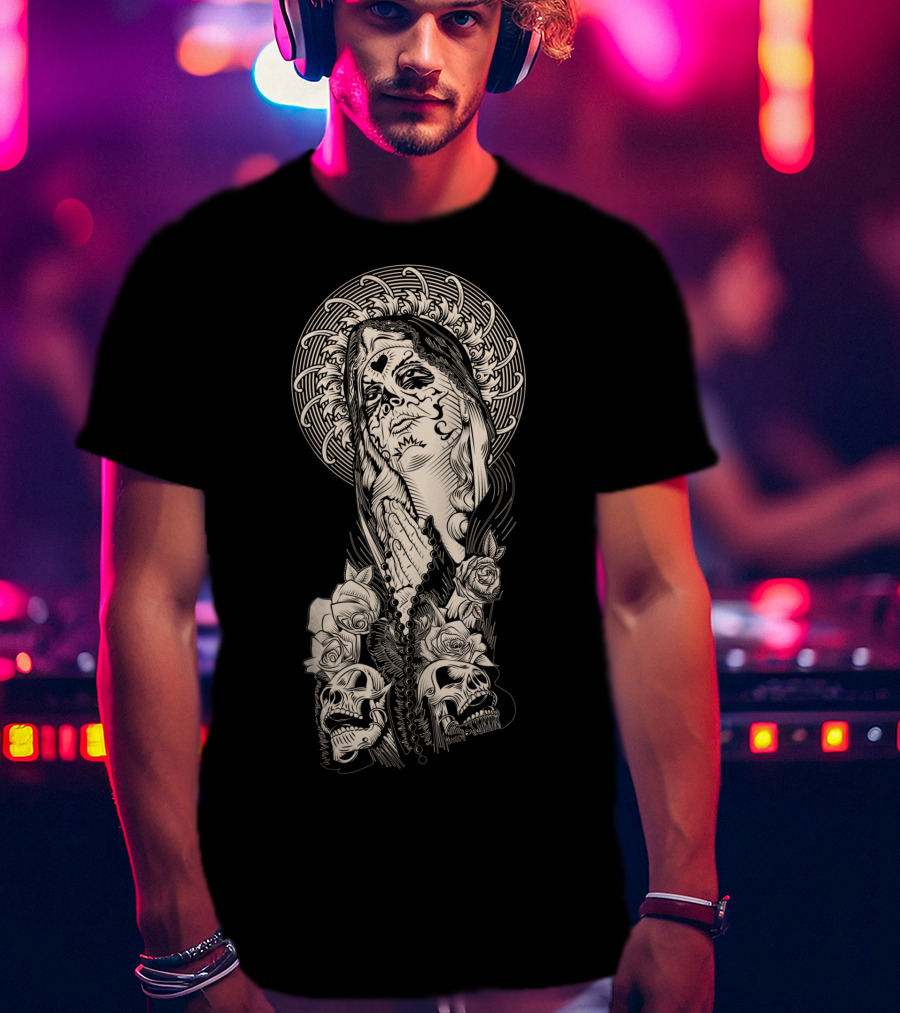 Santa Muerte Praying With Skull And Rose Elements T-Shirt