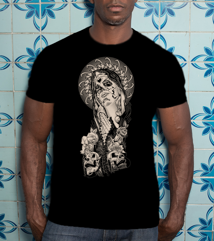 Santa Muerte Praying With Skull And Rose Elements T-Shirt