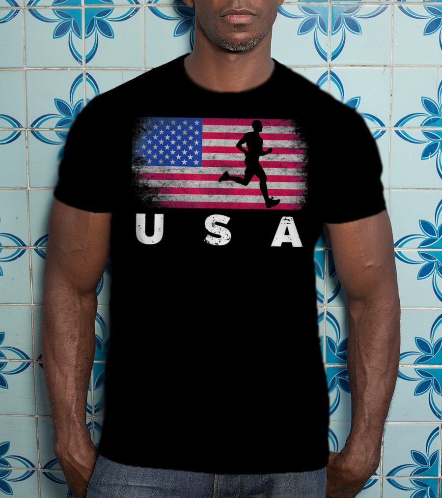 USA American Flag Track Field Running T-Shirt