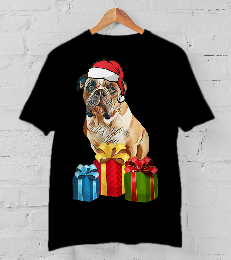 Bulldog With Santa Hat And Holiday Gifts T-Shirt