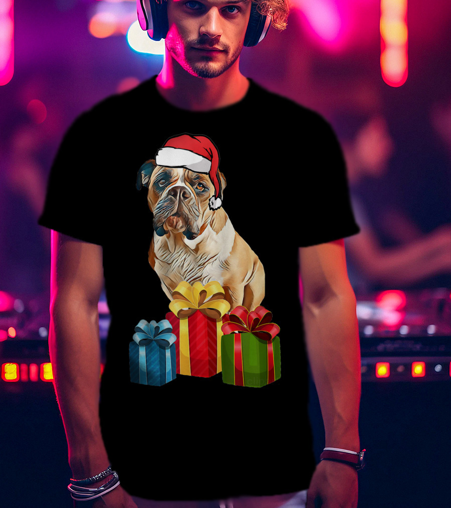 Bulldog With Santa Hat And Holiday Gifts T-Shirt