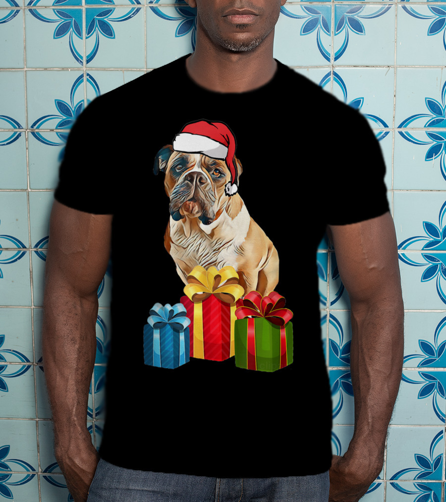 Bulldog With Santa Hat And Holiday Gifts T-Shirt