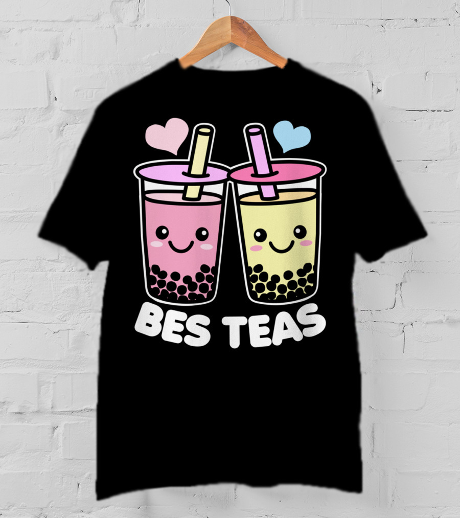 Bes Teas Cute Kawaii Boba Drinks Pink Yellow Hearts T-Shirt
