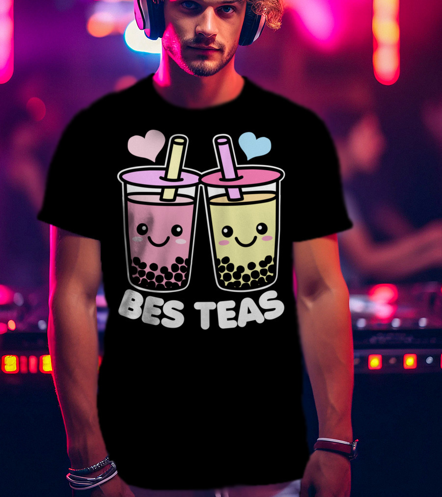 Bes Teas Cute Kawaii Boba Drinks Pink Yellow Hearts T-Shirt
