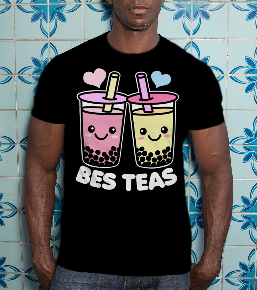 Bes Teas Cute Kawaii Boba Drinks Pink Yellow Hearts T-Shirt
