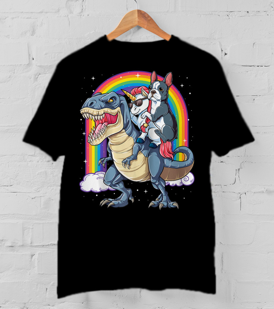 Boston Terrier And Unicorn Riding T-Rex T-Shirt