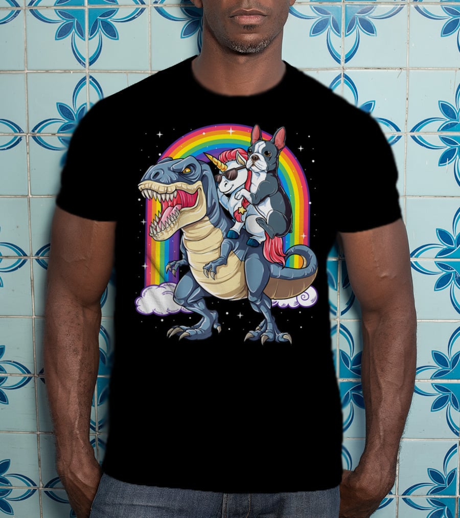 Boston Terrier And Unicorn Riding T-Rex T-Shirt