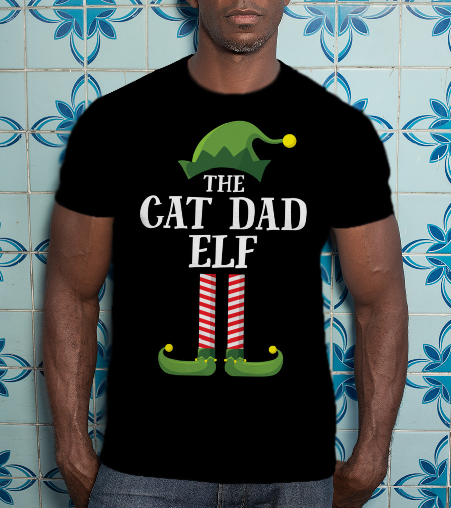 The Cat Dad Elf Matching Family Group Christmas Pajama Holiday T-Shirt