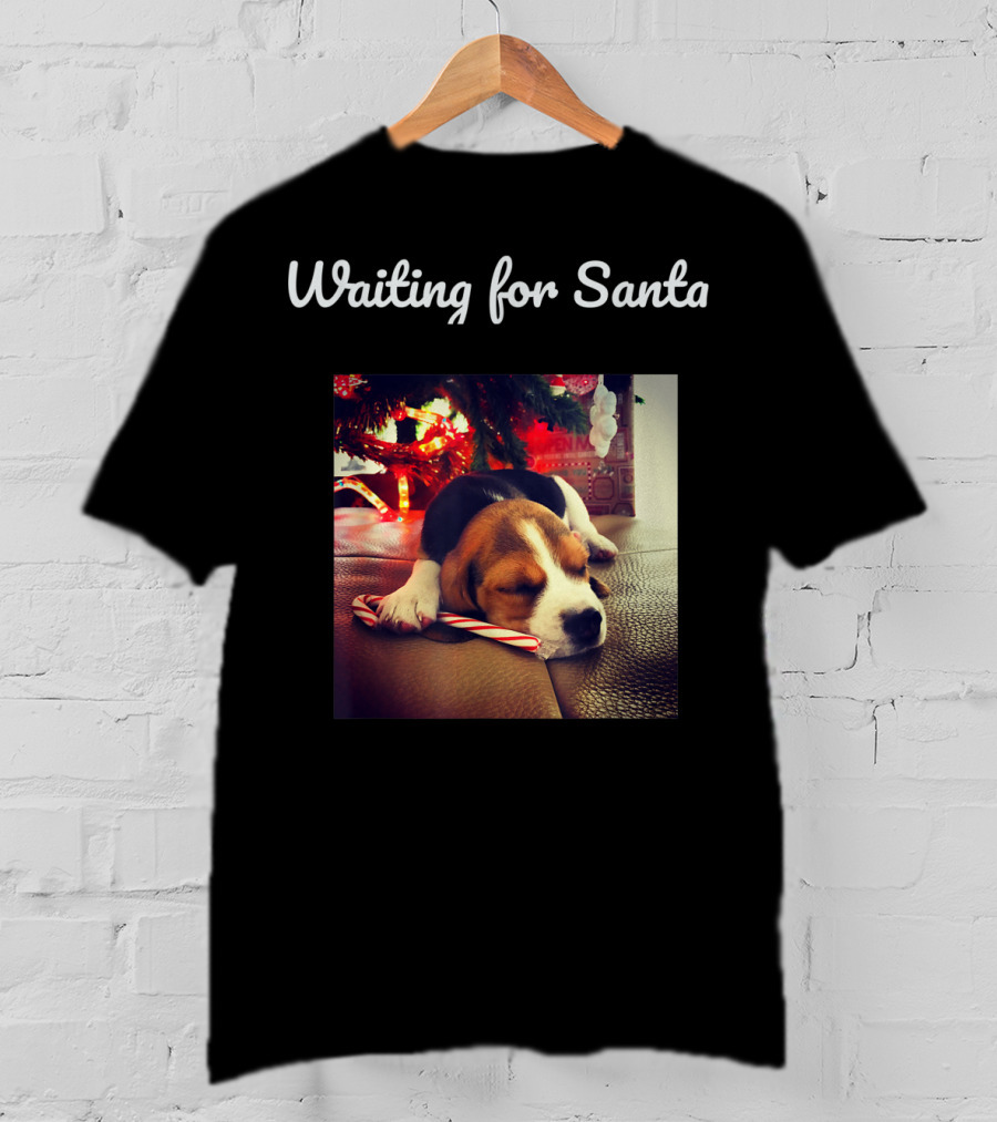 Waiting For Santa Cute Dog Under Christmas Tree With Candy Cane T-Shirt