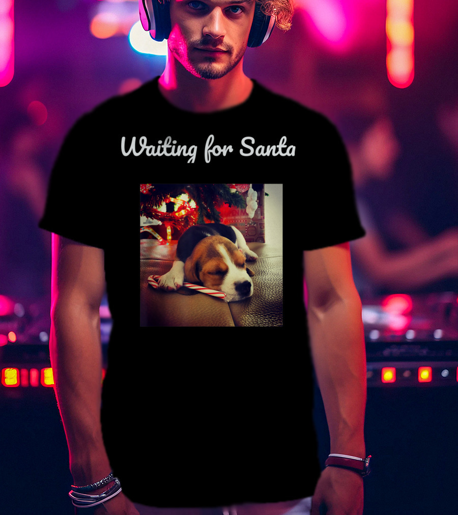 Waiting For Santa Cute Dog Under Christmas Tree With Candy Cane T-Shirt