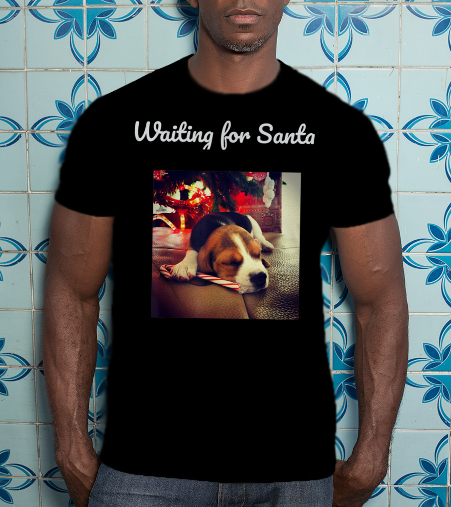 Waiting For Santa Cute Dog Under Christmas Tree With Candy Cane T-Shirt
