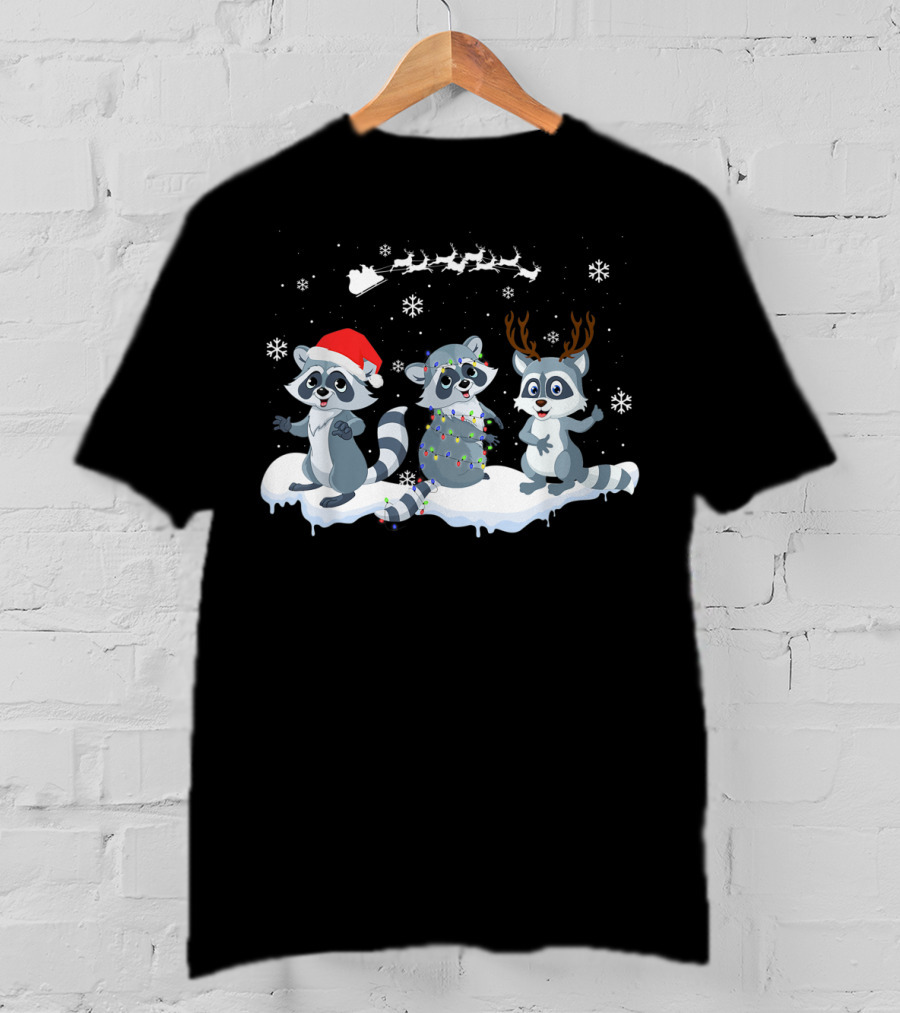 Christmas Cute Raccoon Santa Reindeer Snowflakes Sleigh T-Shirt