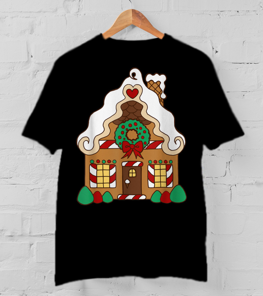 Christmas Gingerbread House With Candy Cane And Wreath T-Shirt