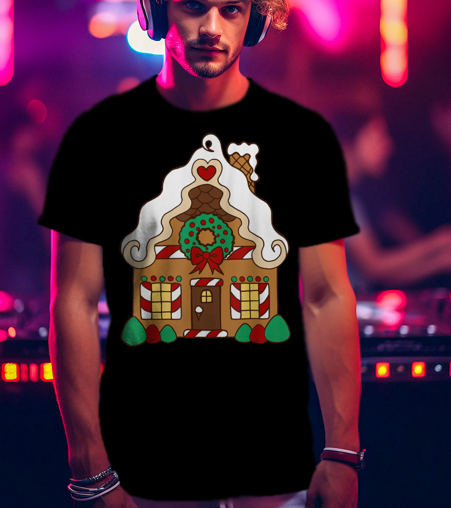Christmas Gingerbread House With Candy Cane And Wreath T-Shirt