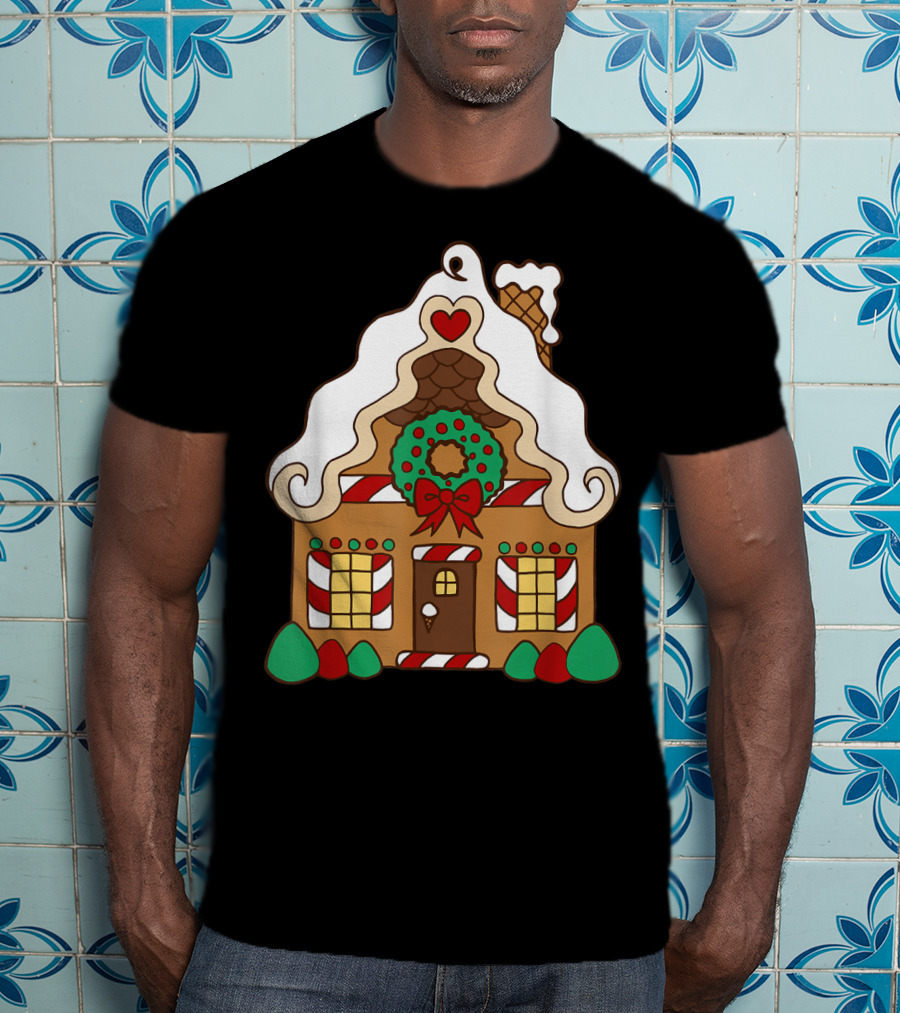 Christmas Gingerbread House With Candy Cane And Wreath T-Shirt