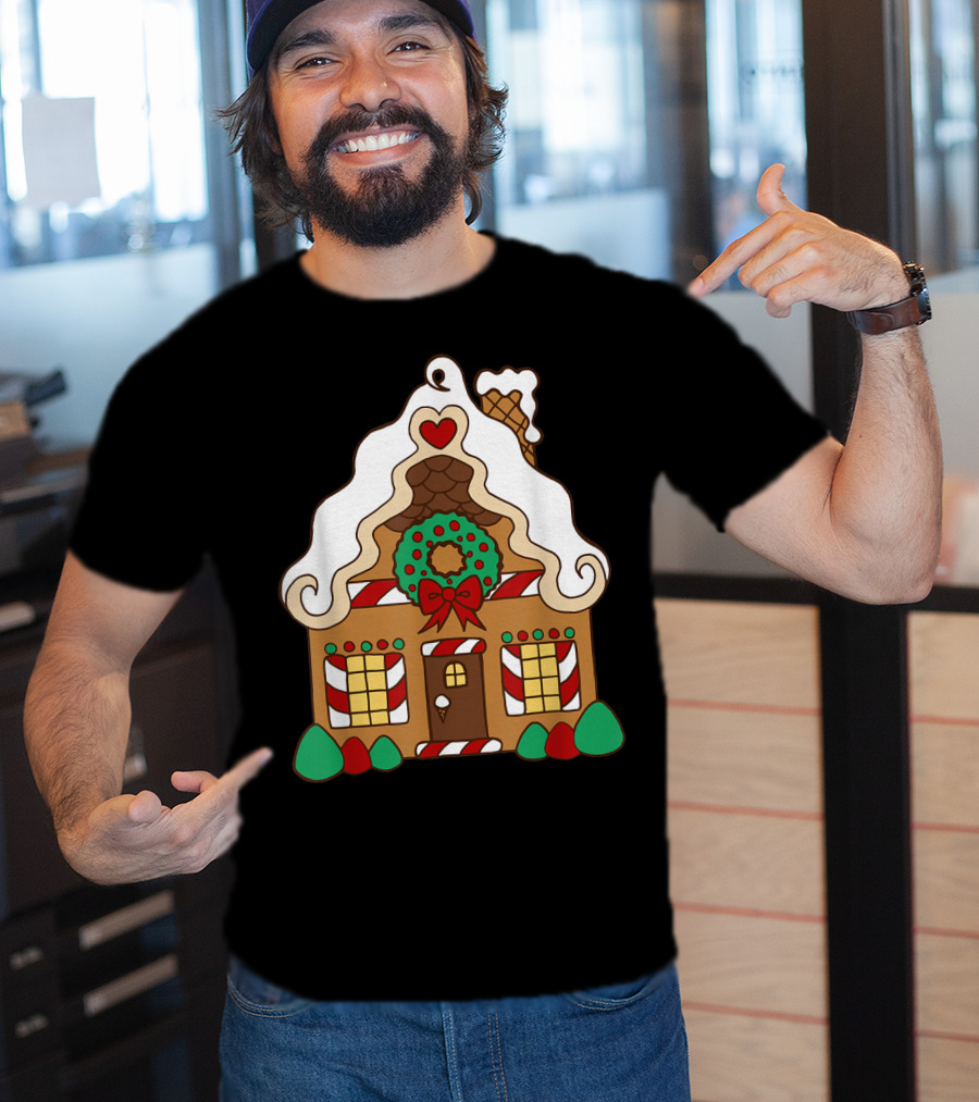 Christmas Gingerbread House With Candy Cane And Wreath T-Shirt