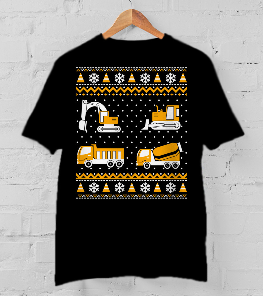 Construction Excavator Bulldozer Dump Truck Cement Mixer Snowflakes T-Shirt