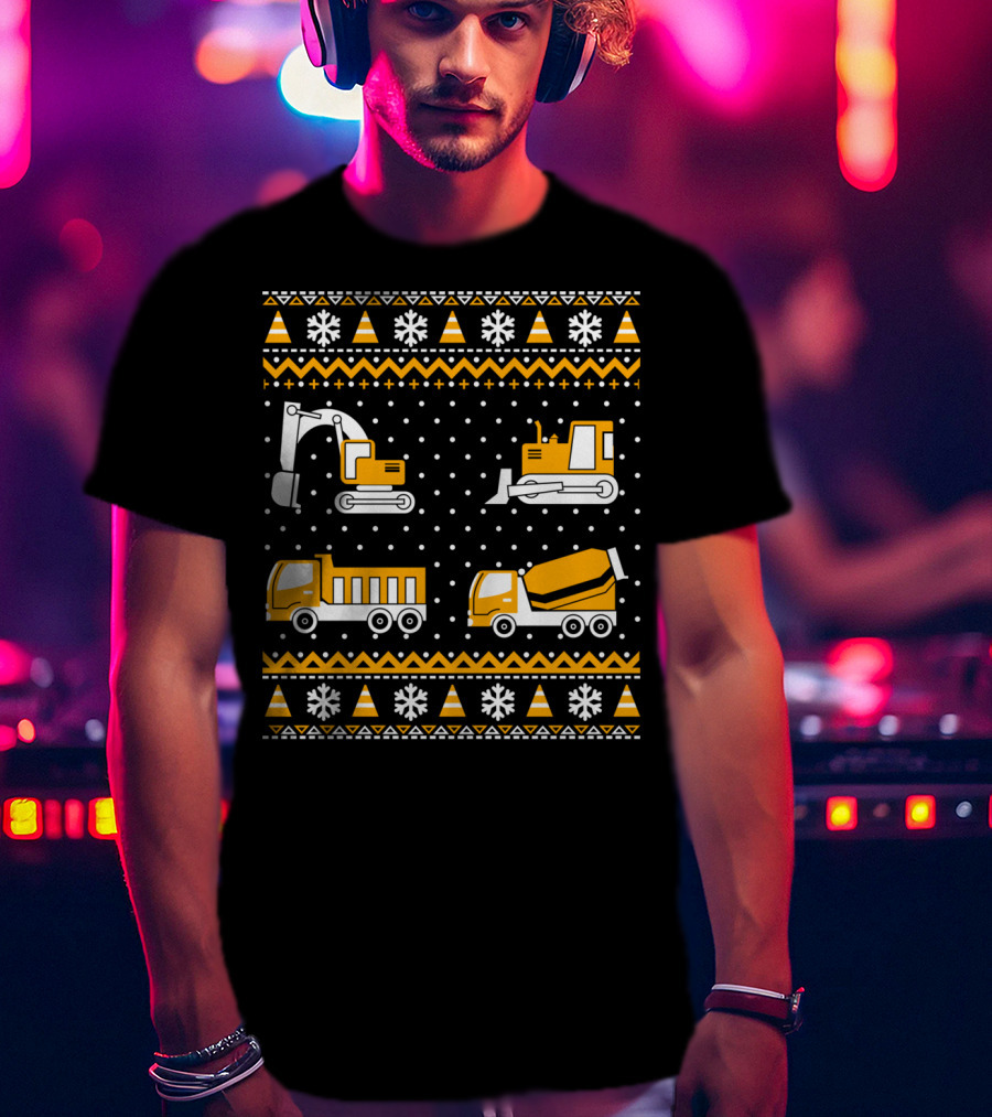 Construction Excavator Bulldozer Dump Truck Cement Mixer Snowflakes T-Shirt