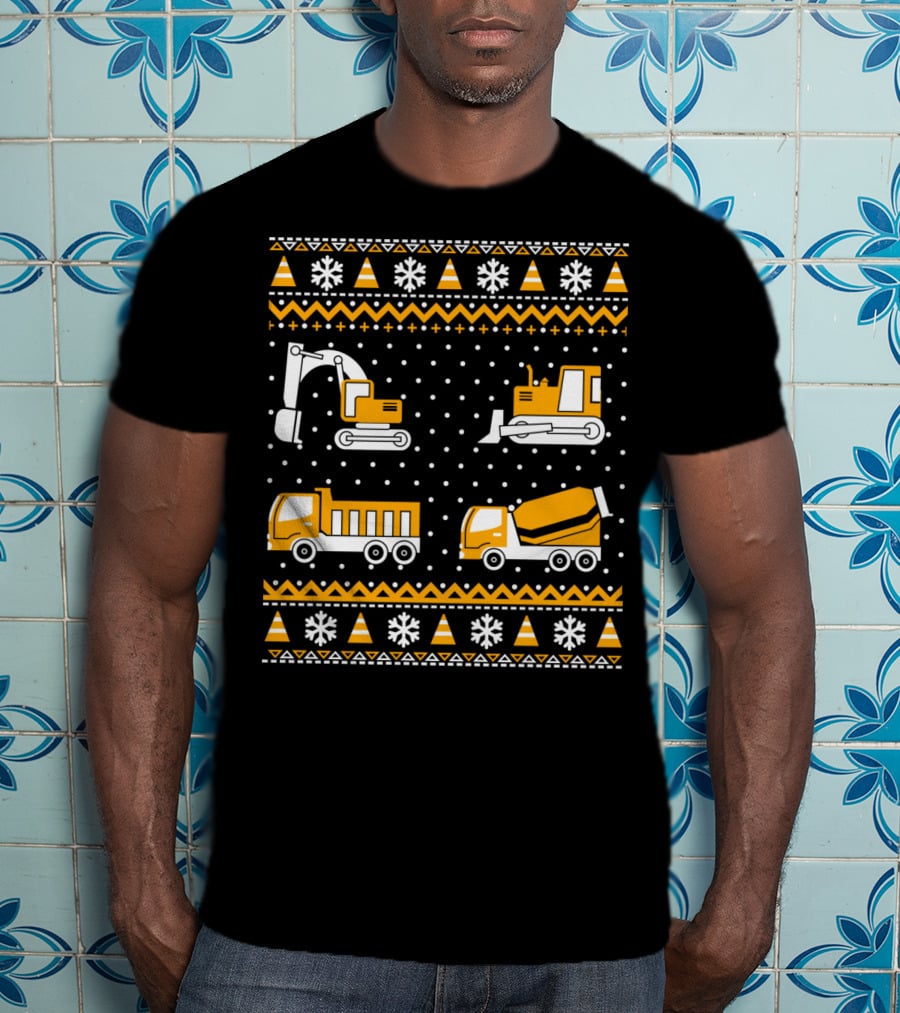 Construction Excavator Bulldozer Dump Truck Cement Mixer Snowflakes T-Shirt