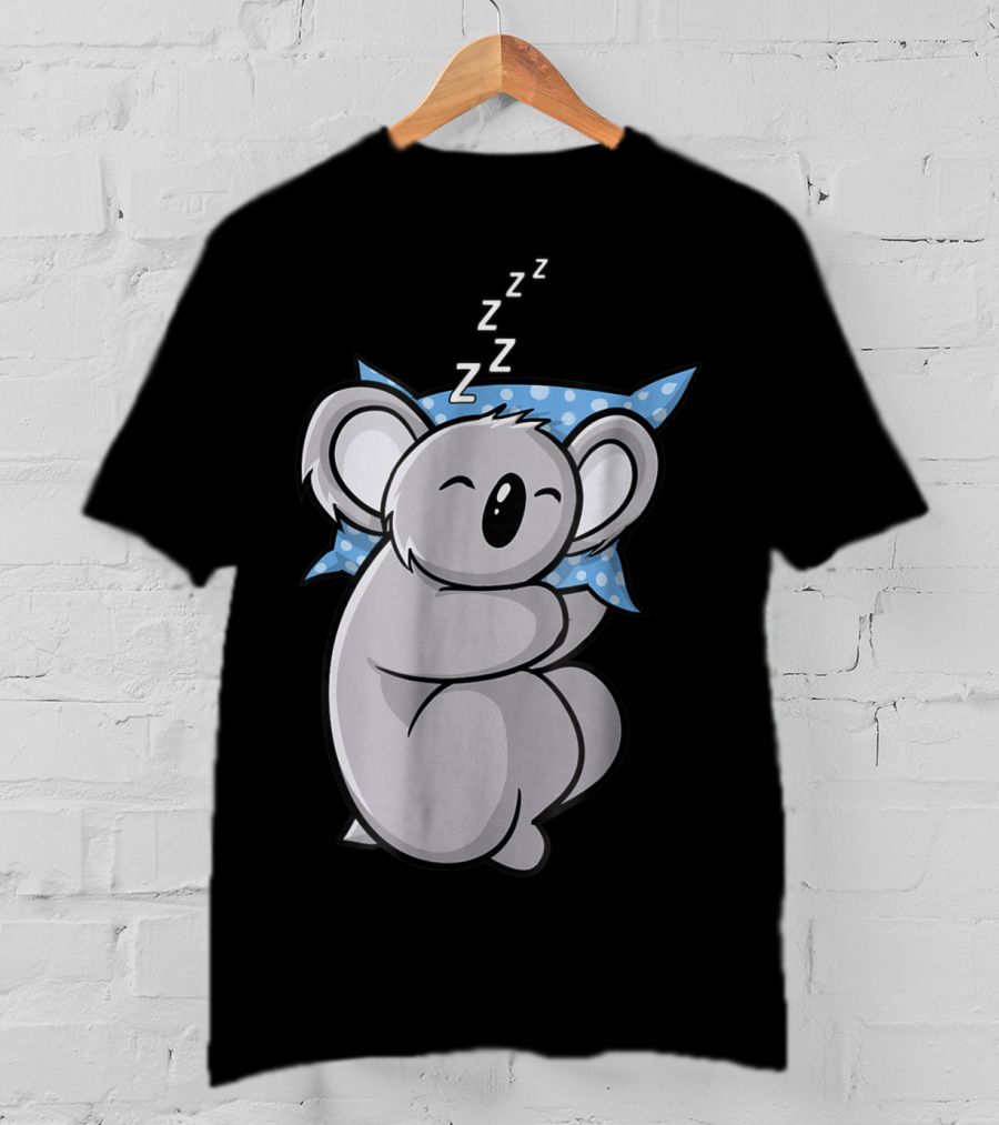 Cute Koala Bear Lazy Sleeping Animal With Blue Polka Dot Pillow T-Shirt