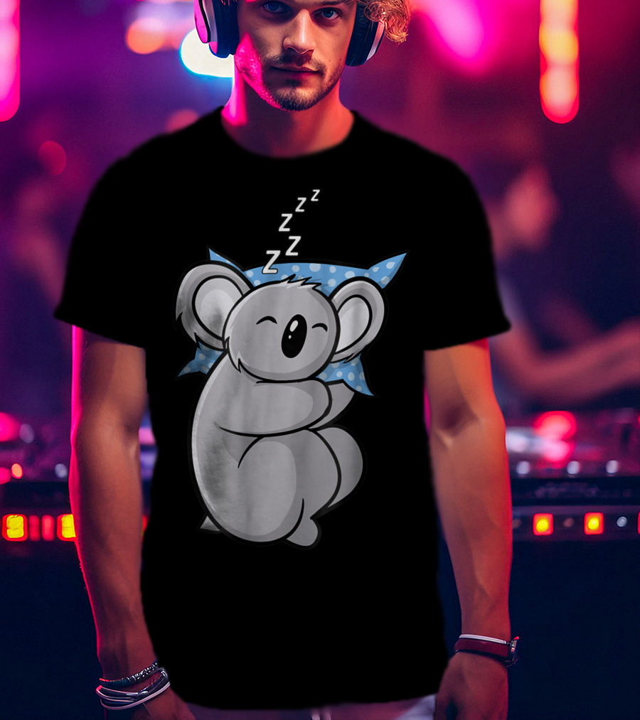 Cute Koala Bear Lazy Sleeping Animal With Blue Polka Dot Pillow T-Shirt
