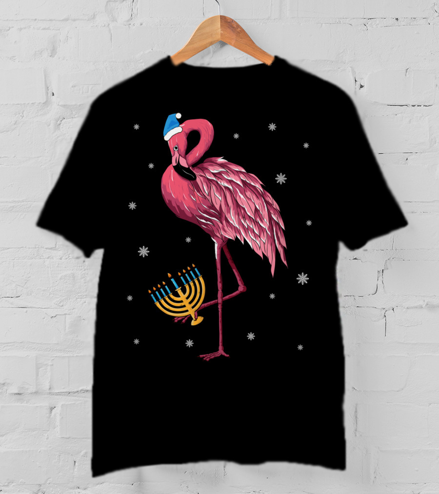 Cute Menorah Flamingo Hanukkah Chanukah With Snowflakes T-Shirt