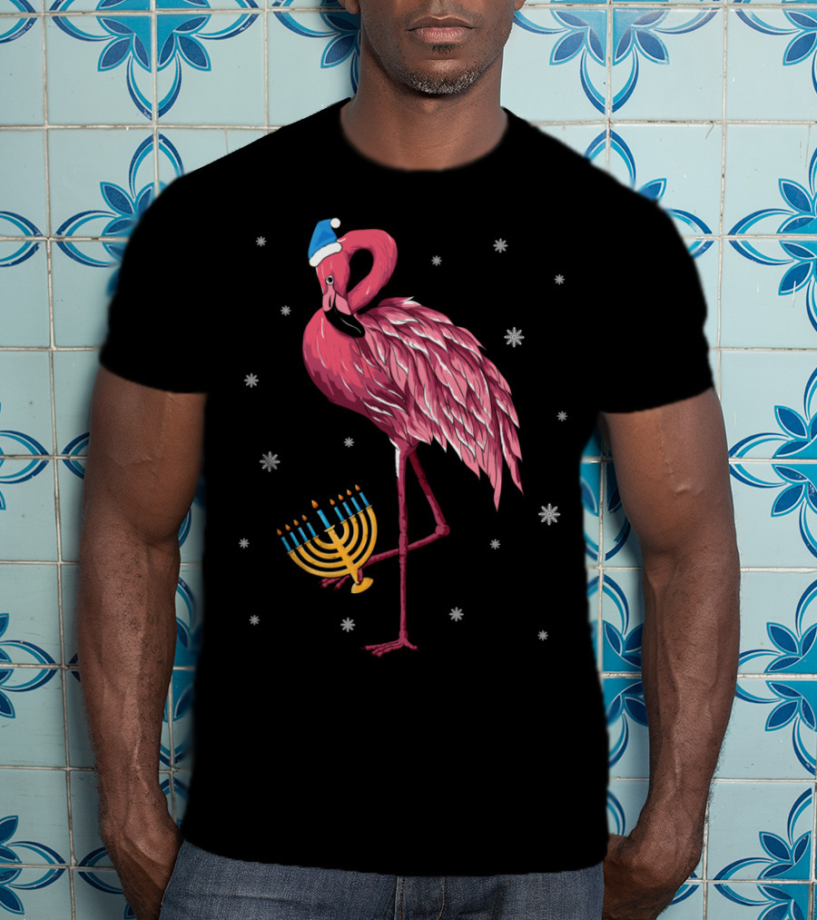 Cute Menorah Flamingo Hanukkah Chanukah With Snowflakes T-Shirt