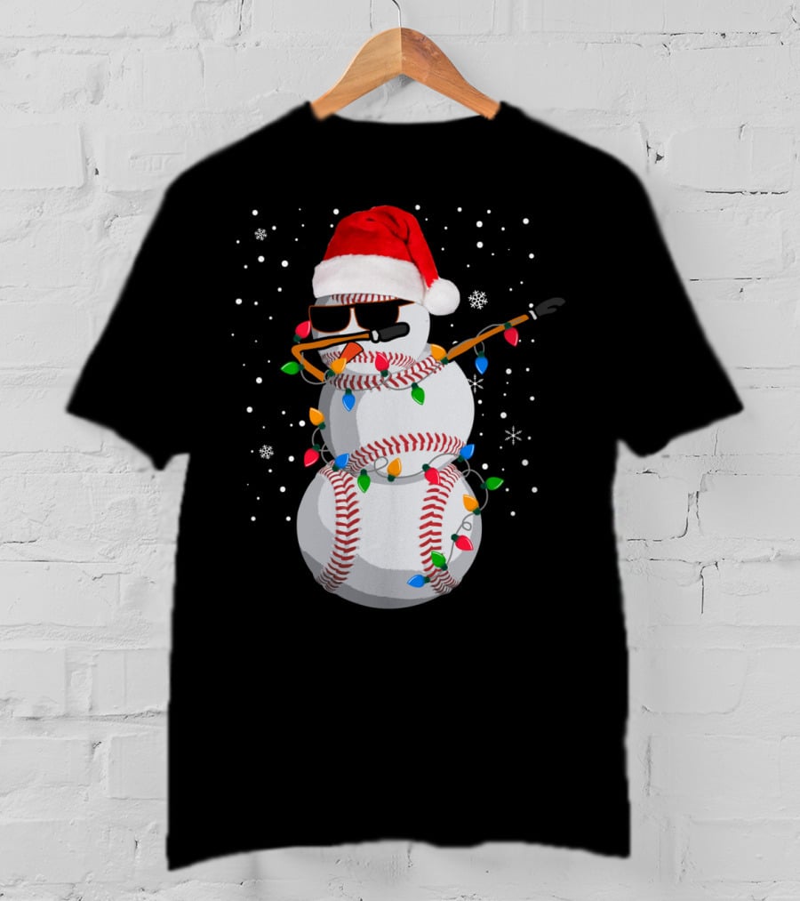 Dabbing Snowman Baseball Christmas Lights Santa Hat Sunglasses T-Shirt