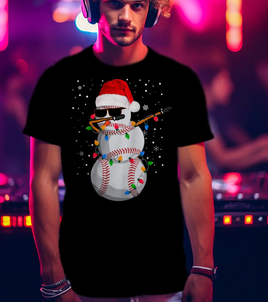 Dabbing Snowman Baseball Christmas Lights Santa Hat Sunglasses T-Shirt