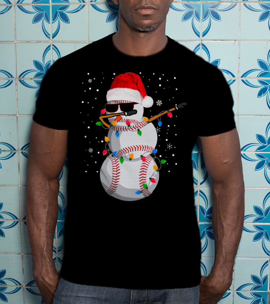Dabbing Snowman Baseball Christmas Lights Santa Hat Sunglasses T-Shirt
