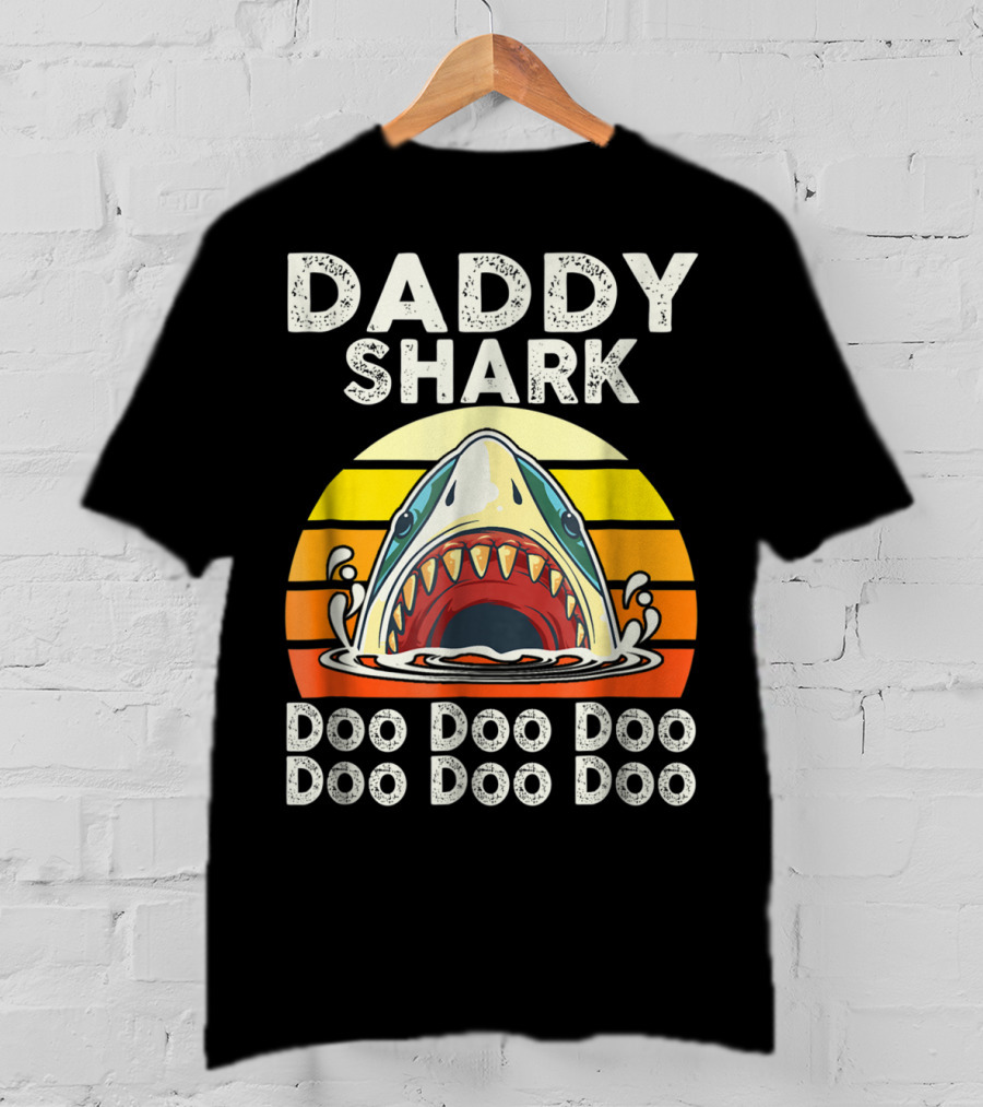 Daddy Shark Doo Doo Doo Doo Doo Doo Funny Sunset Shark Face T-Shirt