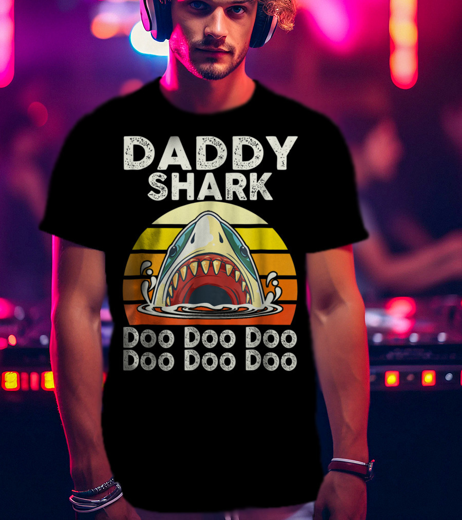 Daddy Shark Doo Doo Doo Doo Doo Doo Funny Sunset Shark Face T-Shirt