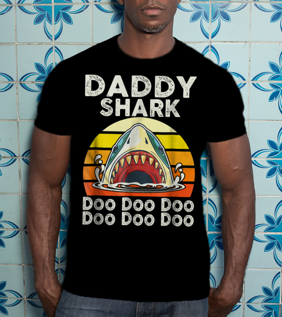 Daddy Shark Doo Doo Doo Doo Doo Doo Funny Sunset Shark Face T-Shirt