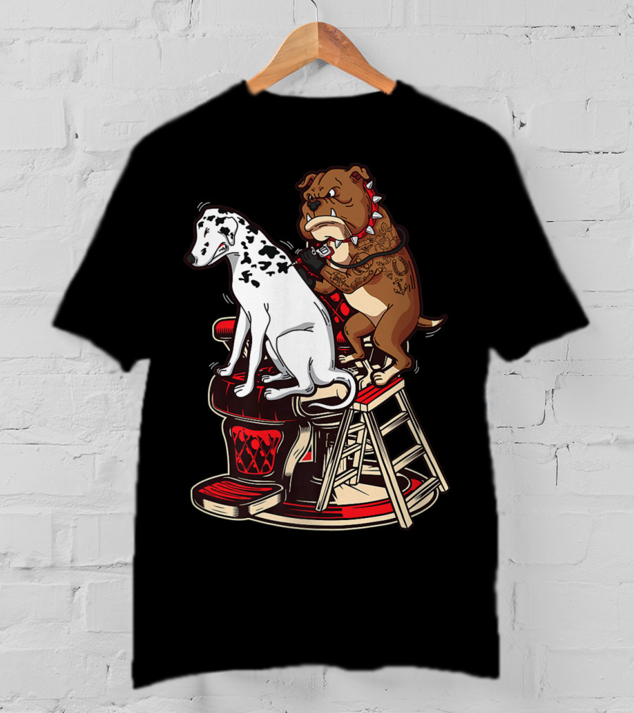 Dalmatian And Tattoo Artist Bulldog On Barber Chair T-Shirt