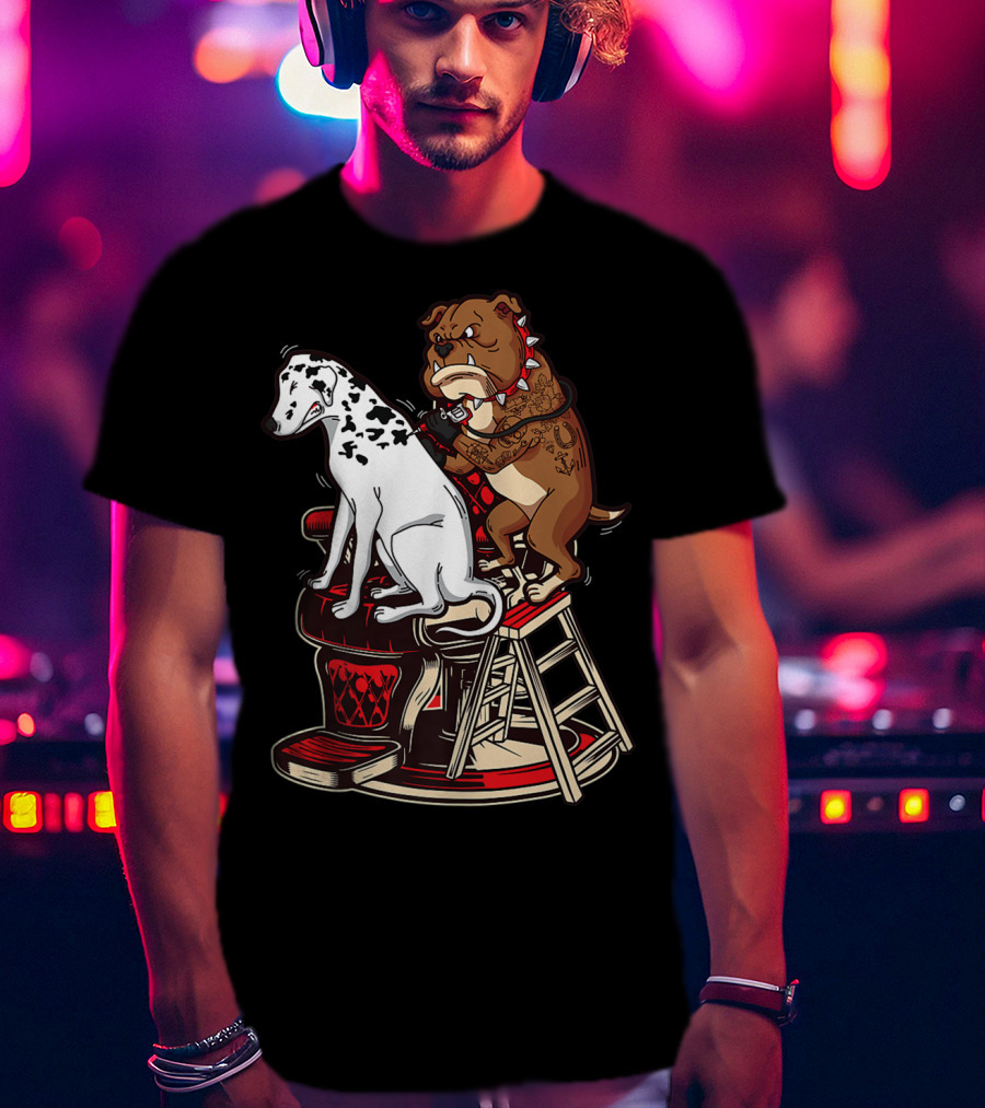 Dalmatian And Tattoo Artist Bulldog On Barber Chair T-Shirt