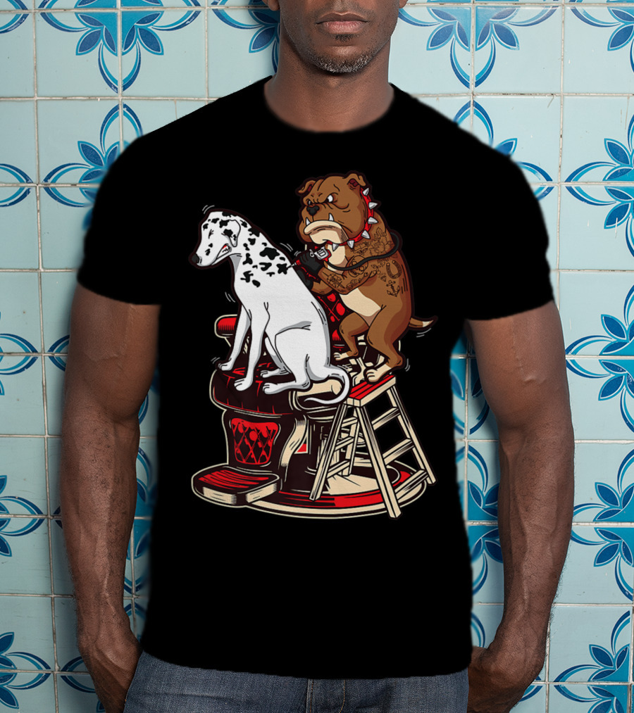 Dalmatian And Tattoo Artist Bulldog On Barber Chair T-Shirt