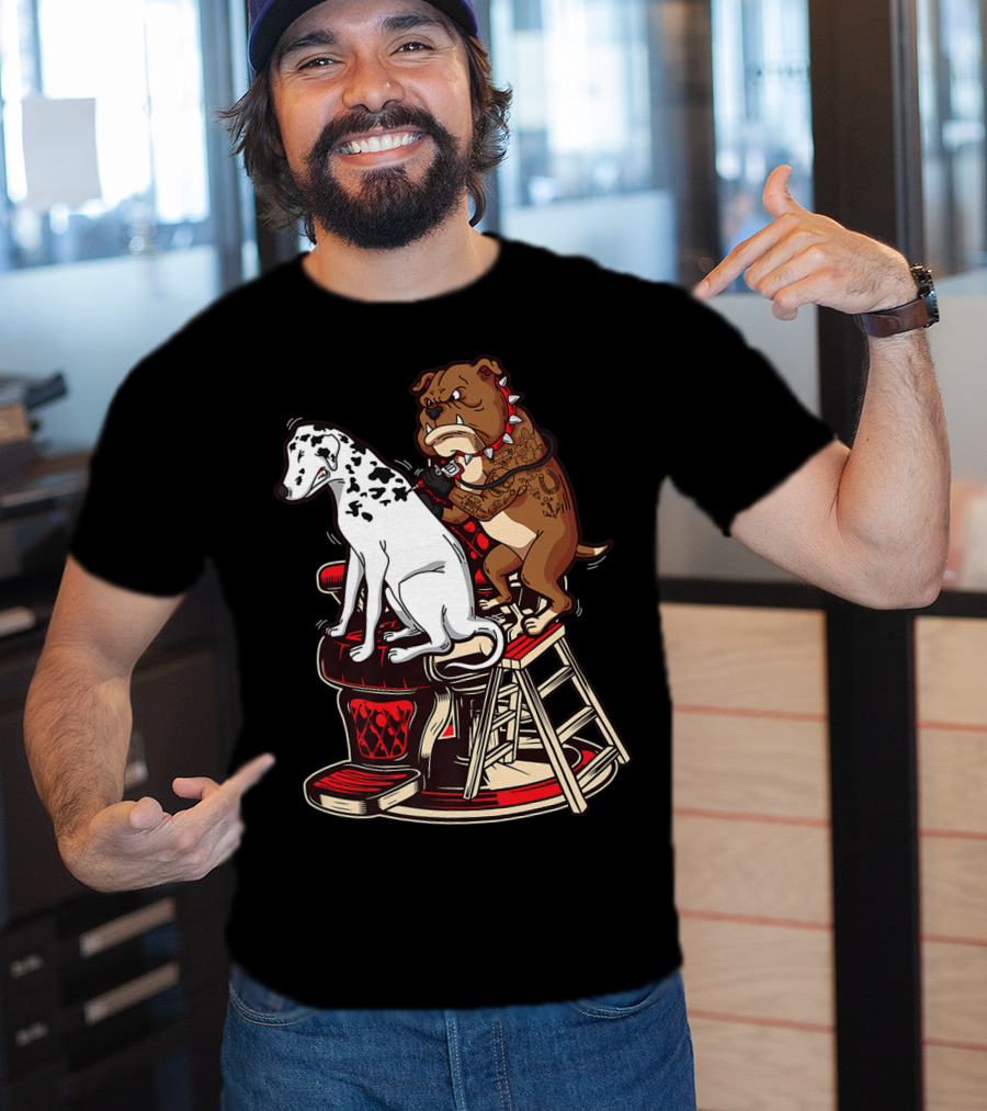 Dalmatian And Tattoo Artist Bulldog On Barber Chair T-Shirt